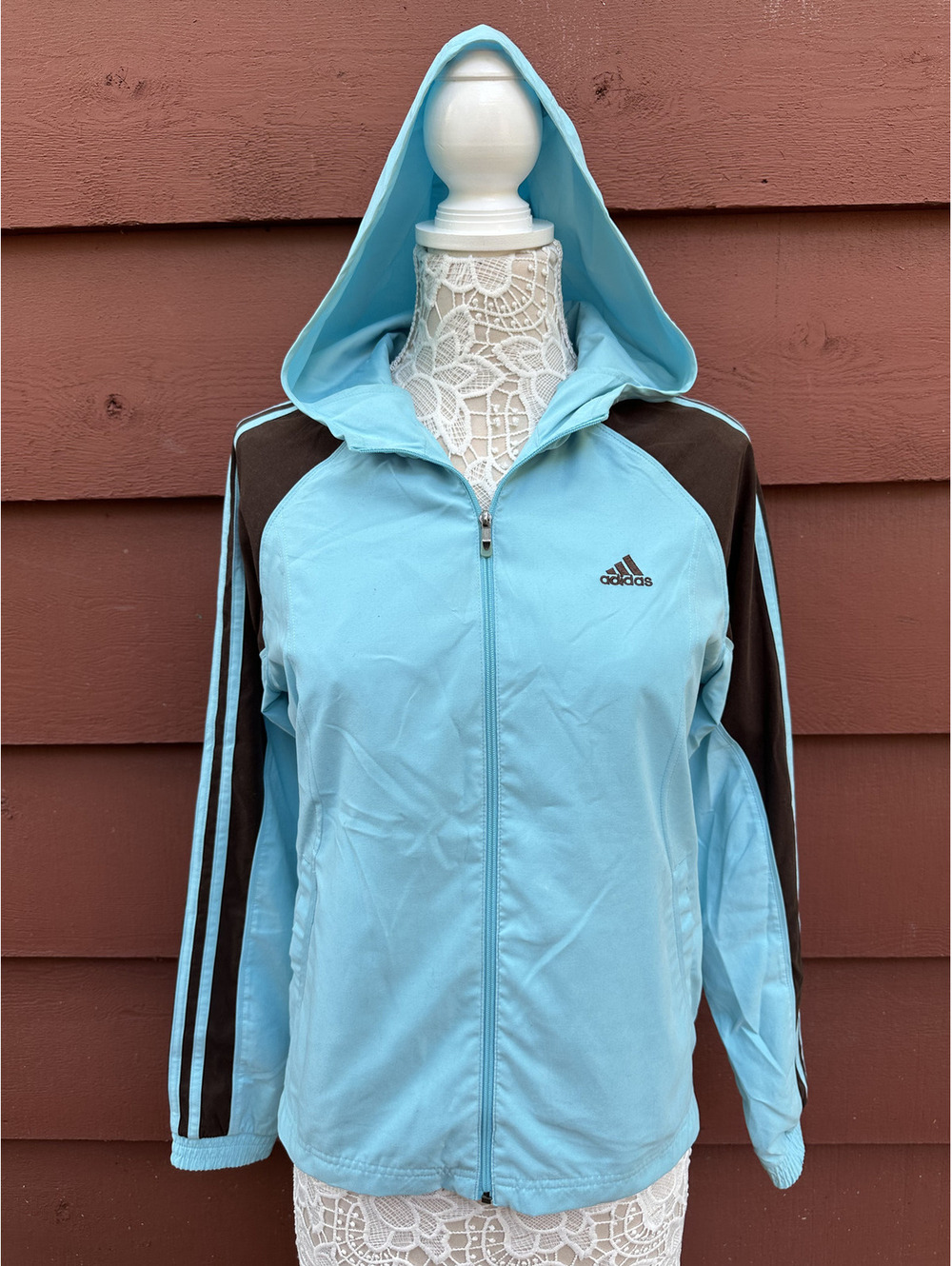 Adidas Vintage Blue Hoodie Jacket with Brown Stripes Streetwear Skater